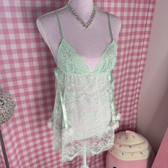 Victorias Secret Mint Green Lace Crystal Babydoll Lingerie Set🪽🎀 - Picture 3 of 8